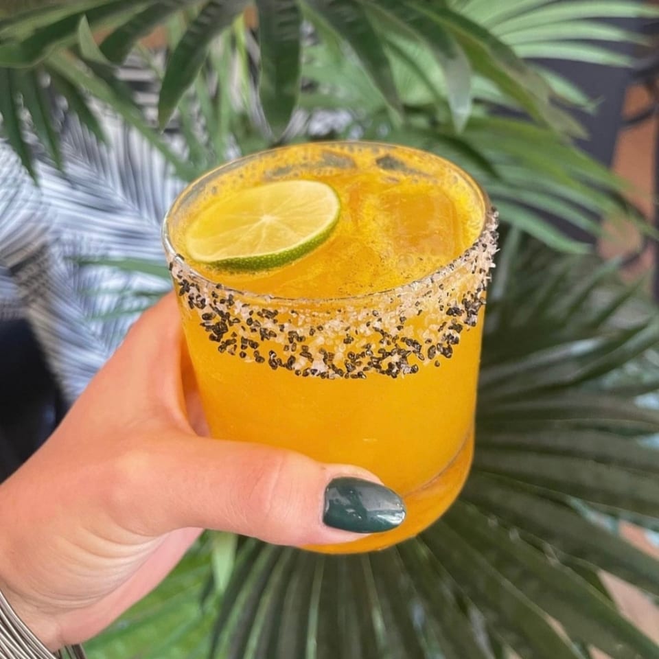 Hand holding a vibrant orange cocktail with a salted rim and lime slice, against a leafy green background.