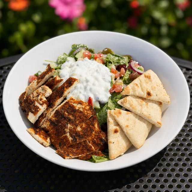 Salted. Greek Salad pictured with blackened chicken.
